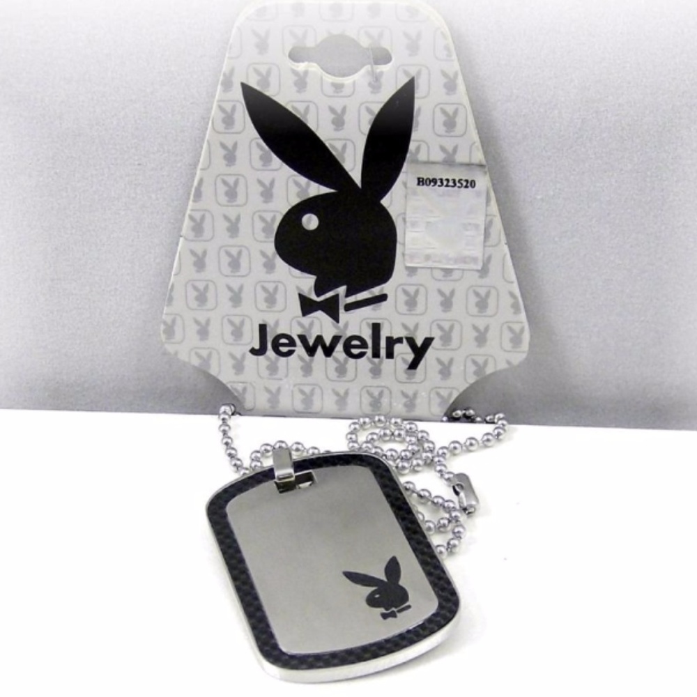 Playboy Necklace Dog Tag Pendant Bunny Logo Stainless Steel Black Carbon Fiber - Picture 3 of 6