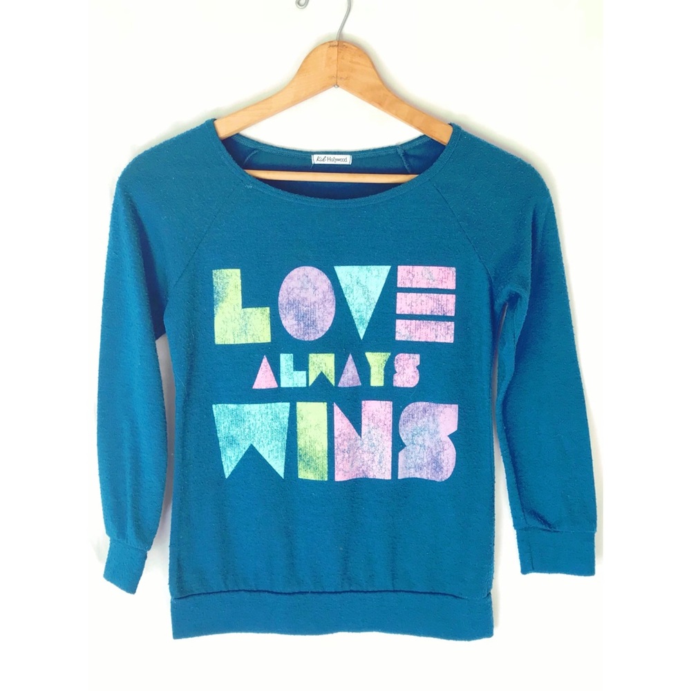 NWOT “Love Always Wins” teal kid’s sweater XL