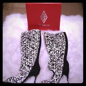 Black and white knee boots