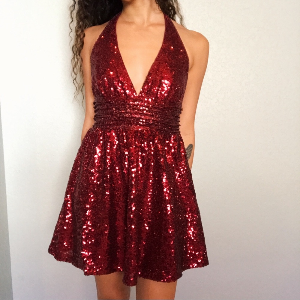 Red Sequin Halter Party Dress