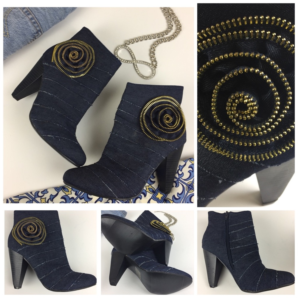 Fahrenheit Women’s Denim Zipper Floral Heel Size 7