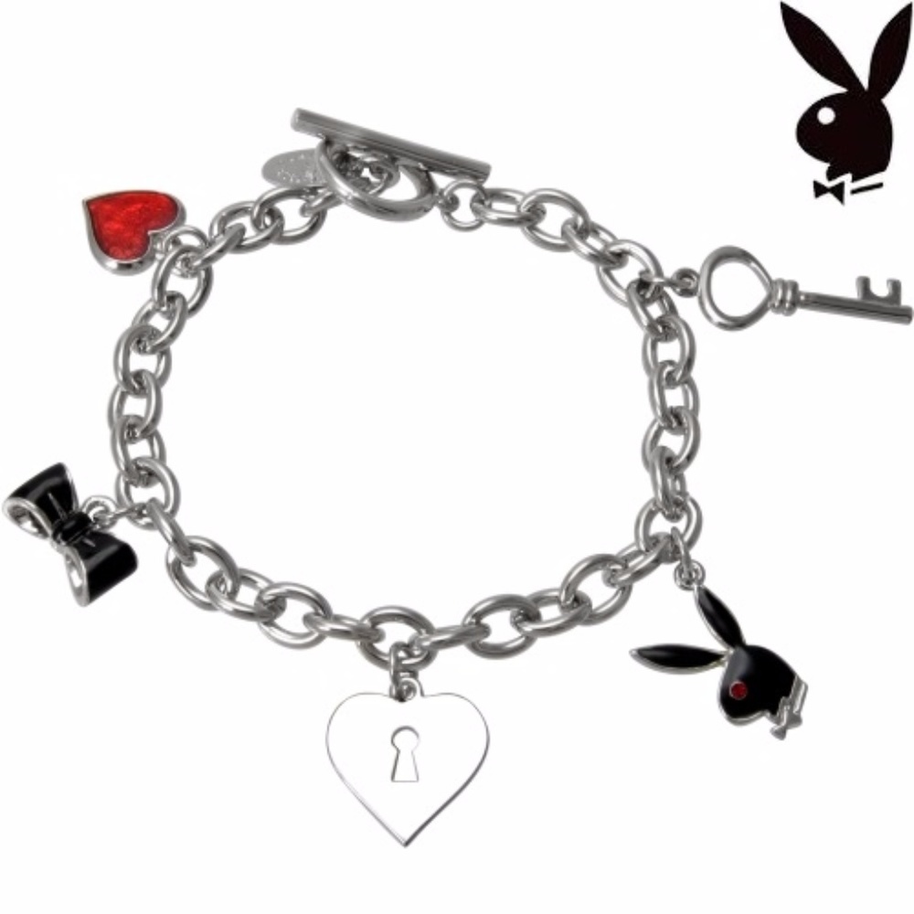 Playboy Bracelet Bunny Bow Tie Heart Key Toggle 8"
