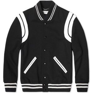 SAINT LAURENT LEATHER TRIM WOOLTEDDY BOMBER JACKET