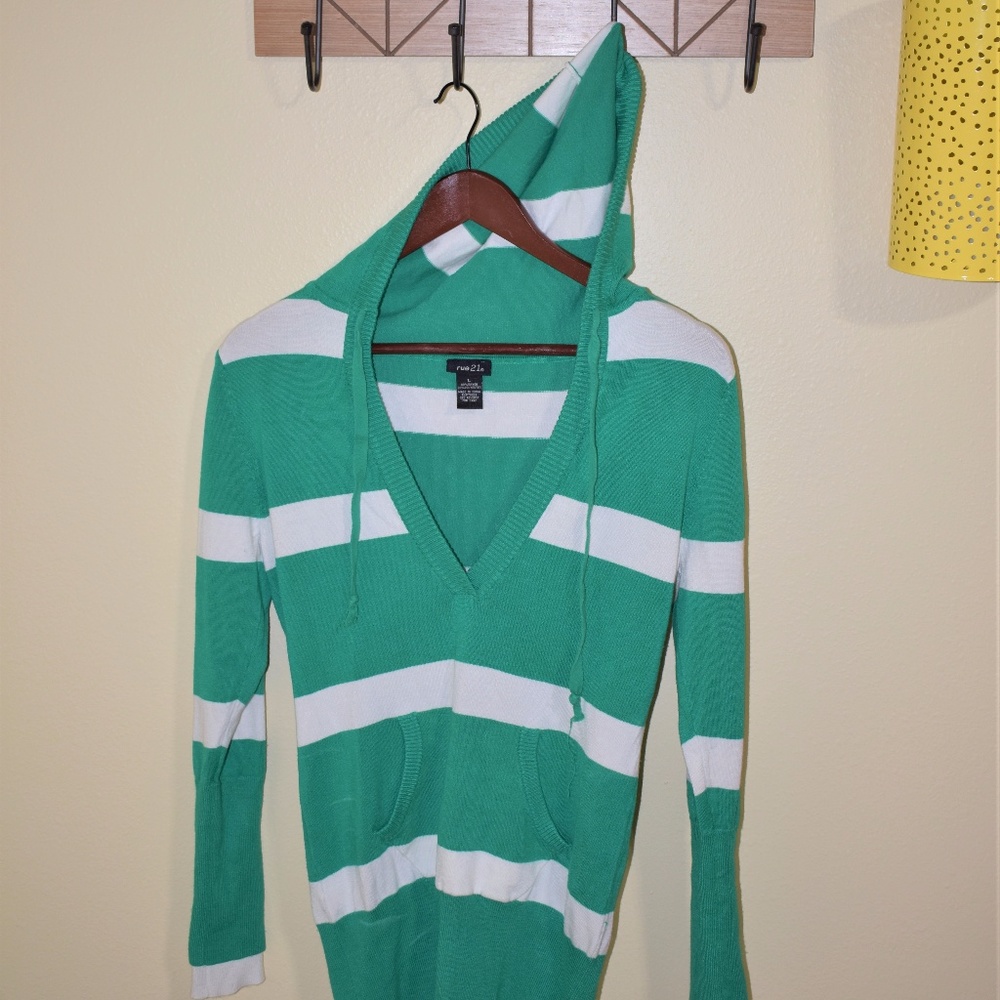 Green & White Striped Hooded Sweater