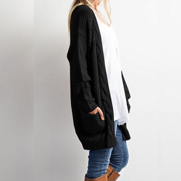 Cable Knit Open Front Cardigan w Pockets Black - Picture 2 of 4