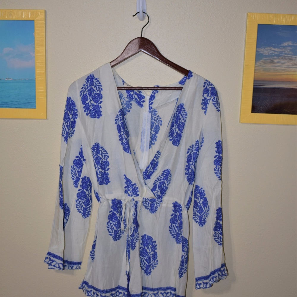 Blue & White Floral Low-Cut Romper