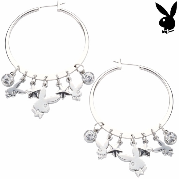 Playboy Earrings Hoop Bunny Star Swarovski Crystal - Picture 1 of 5