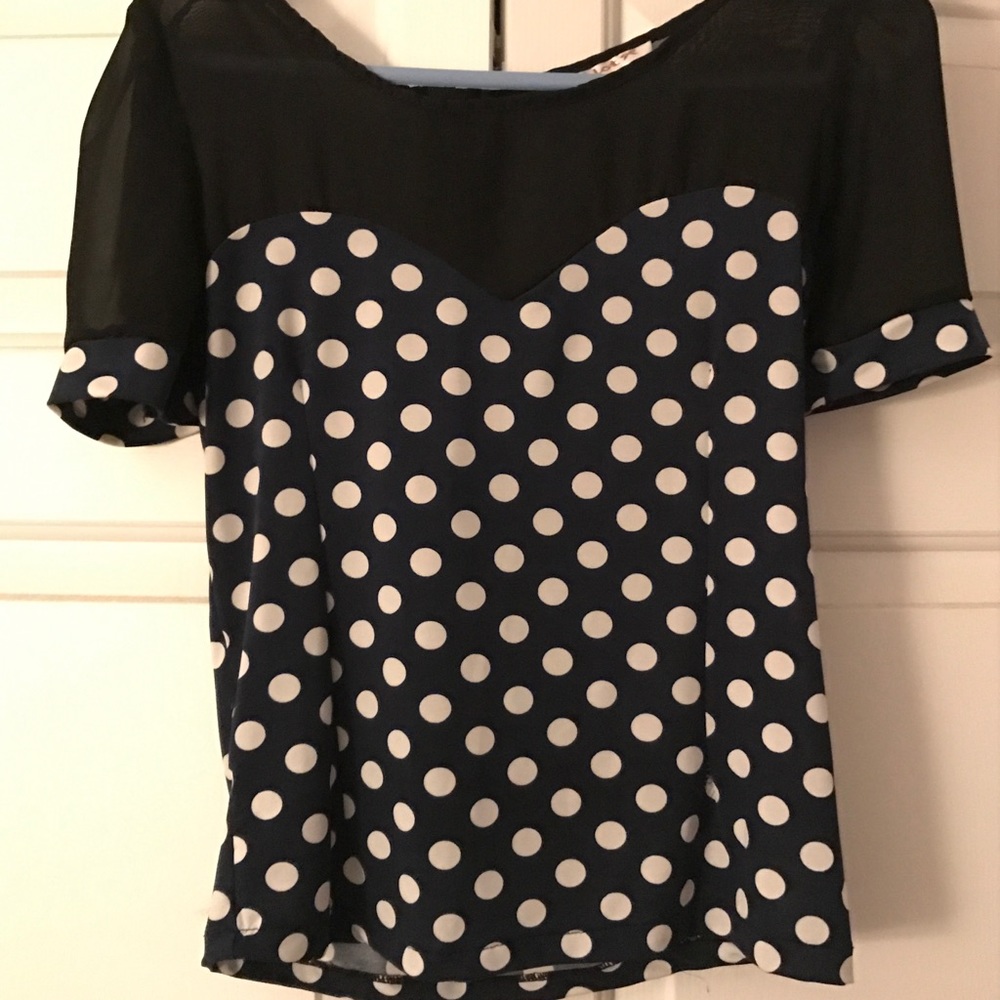 Navy blue black sheer polka dot short sleeve shirt