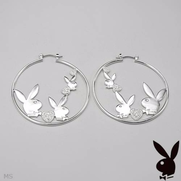 Playboy Earrings Hoop Bunny Crystal Heart Logo NWT - Picture 7 of 7
