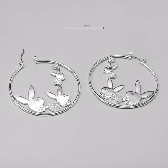 Playboy Earrings Hoop Bunny Crystal Heart Logo NWT - Picture 2 of 7