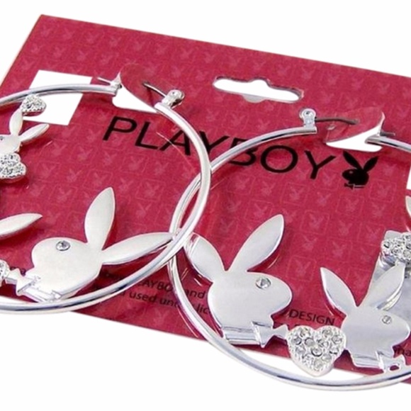 Playboy Earrings Hoop Bunny Crystal Heart Logo NWT - Picture 4 of 7