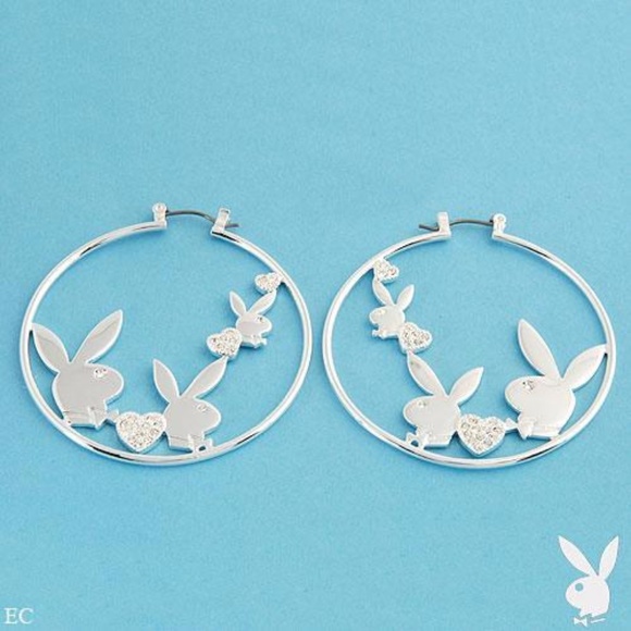 Playboy Earrings Hoop Bunny Crystal Heart Logo NWT - Picture 5 of 7