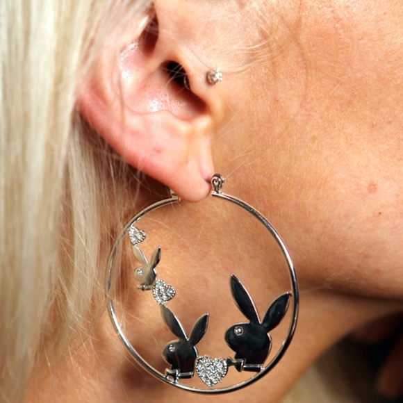 Playboy Earrings Hoop Bunny Crystal Heart Logo NWT - Picture 3 of 7