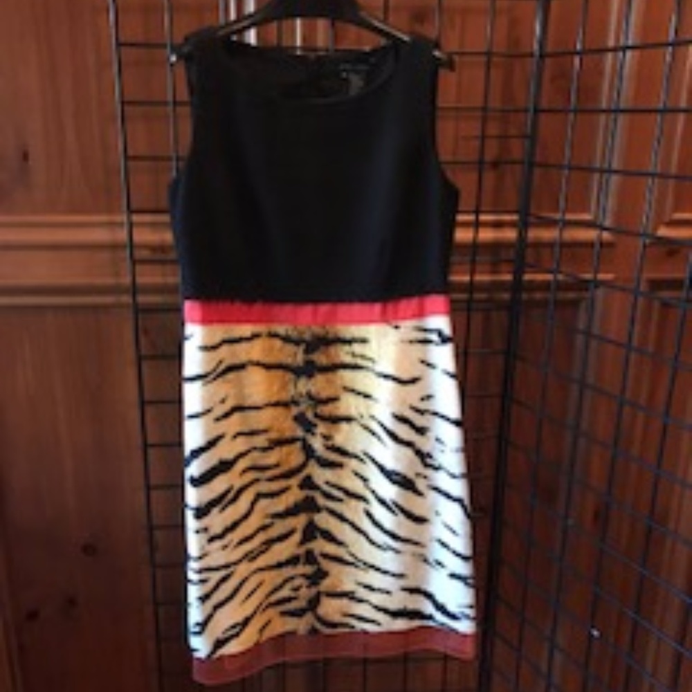 Black, coral, and cream midi dress