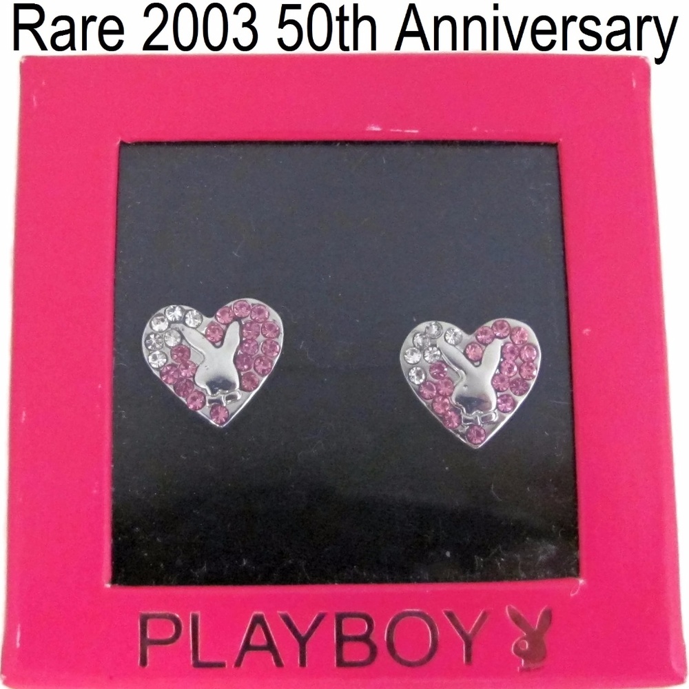 Playboy Earrings Pink Crystal Heart Bunny Stud