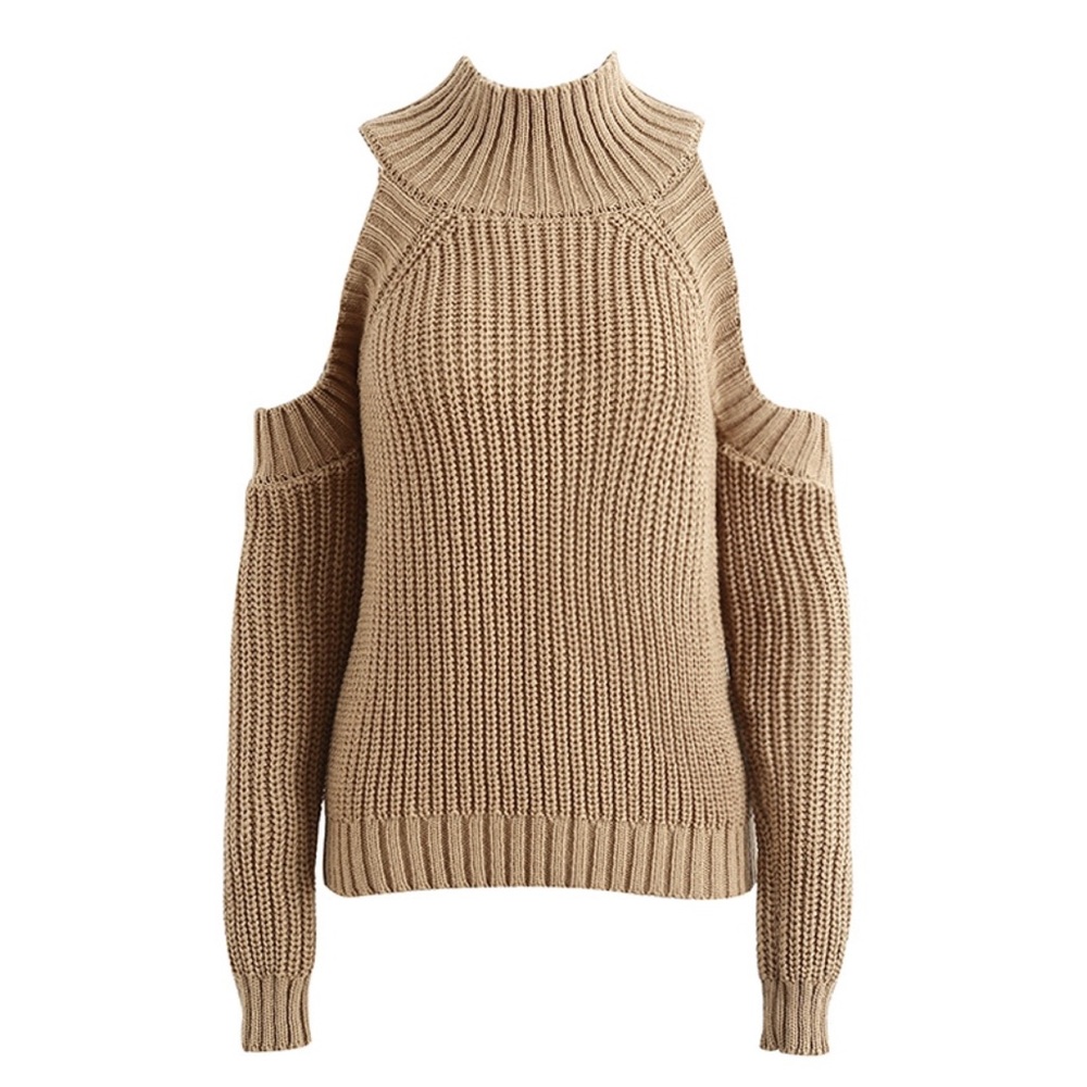 Cold Shoulder Mock Neck Chunky Sweater Camel Beige - Picture 4 of 6