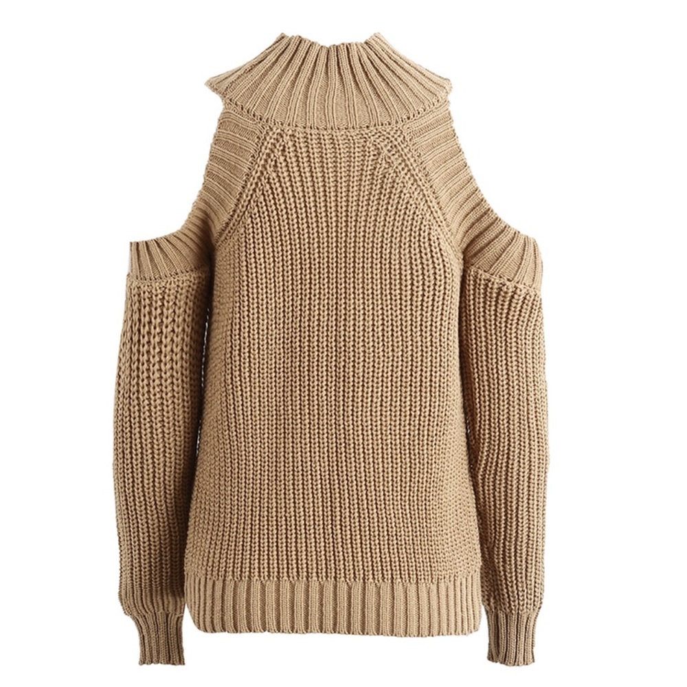 Cold Shoulder Mock Neck Chunky Sweater Camel Beige - Picture 6 of 6
