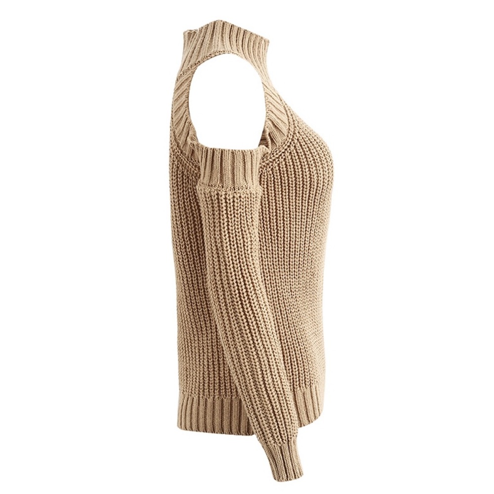 Cold Shoulder Mock Neck Chunky Sweater Camel Beige - Picture 5 of 6
