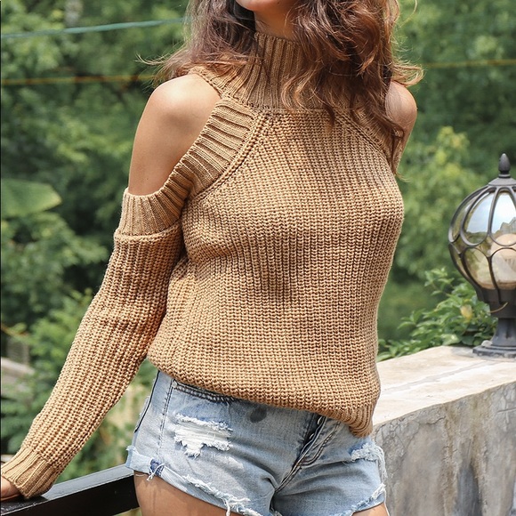 Cold Shoulder Mock Neck Chunky Sweater Camel Beige - Picture 2 of 6