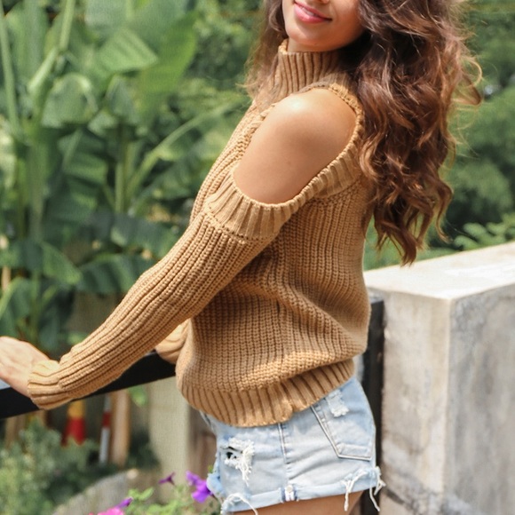 Cold Shoulder Mock Neck Chunky Sweater Camel Beige - Picture 3 of 6