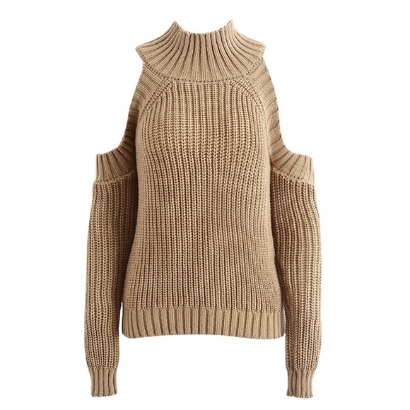 Cold Shoulder Mock Neck Chunky Sweater Camel Beige - Picture 4 of 6