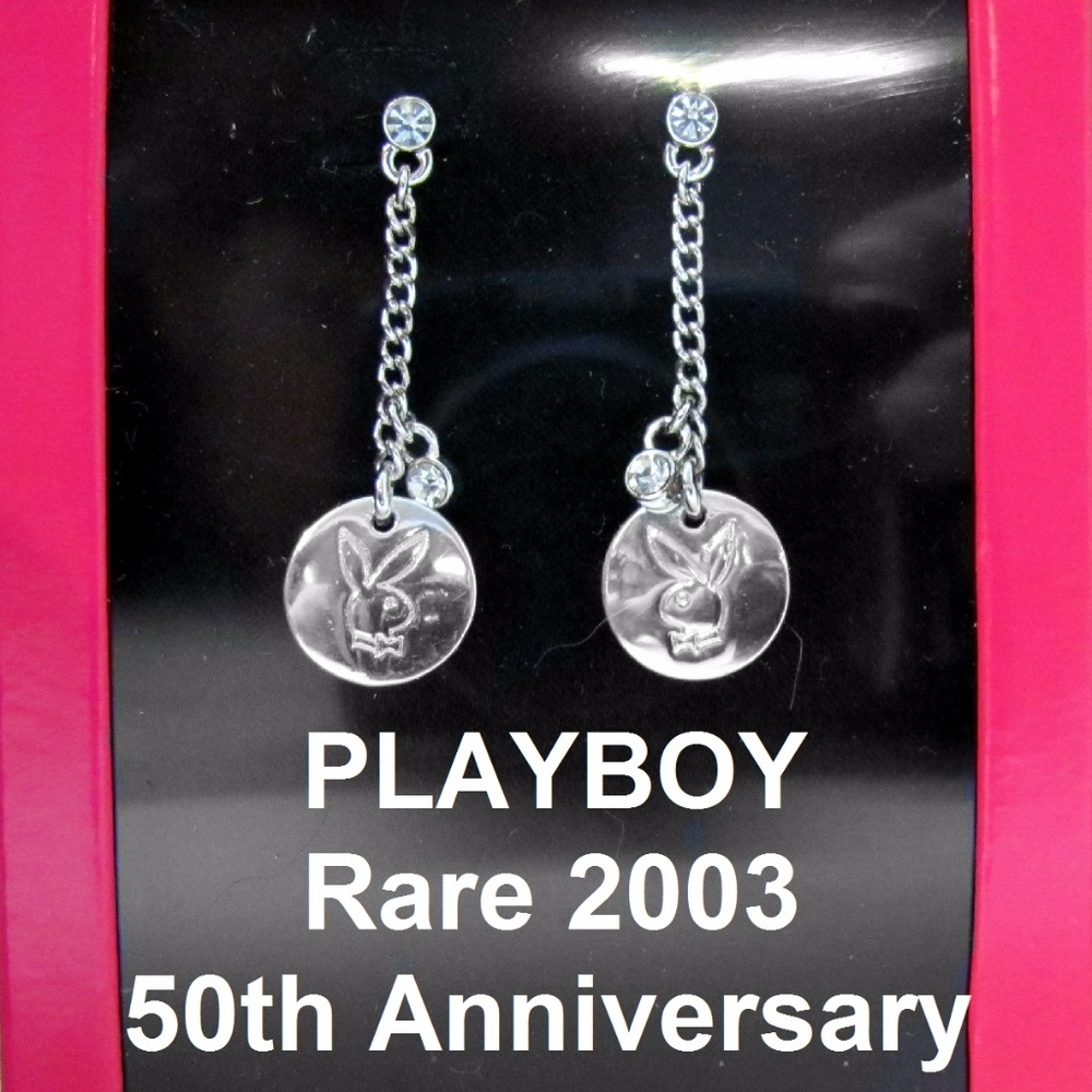 Playboy Earrings Bunny Charm Dangle Swarovski Crystal Silver Plated y2k NWT RARE
