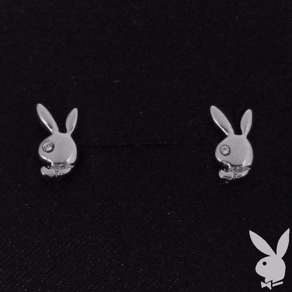 Playboy Bunny Stud Earrings Platinum Plated Logo - Picture 2 of 4