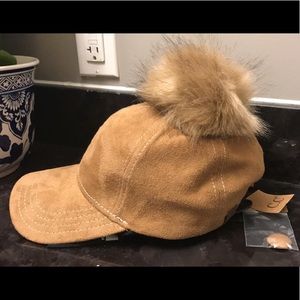 CC Tan Suede Fur Pom Baseball Cap Hat