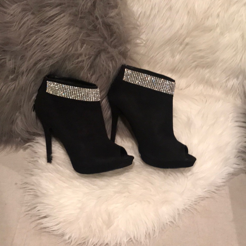 NWOT peep toe faux suede and rhinestone heels