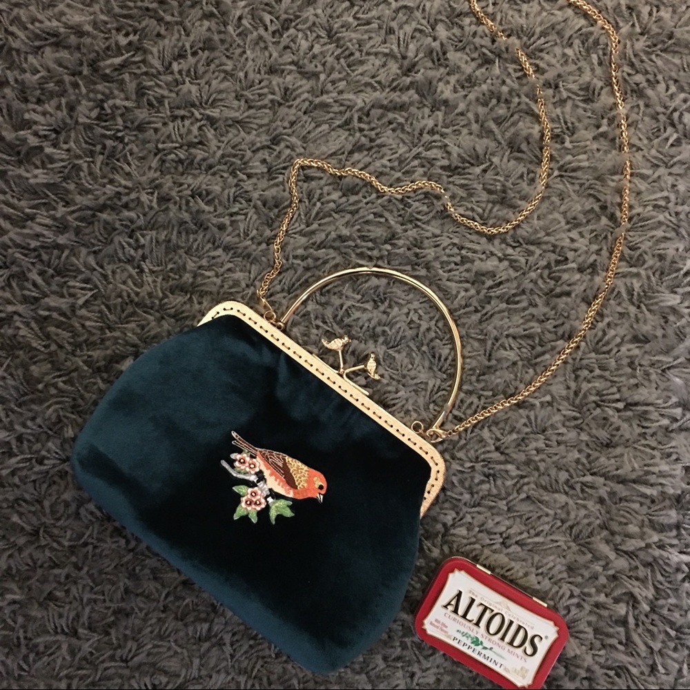 Dark green bird velvet clutch shoulder frame purse
