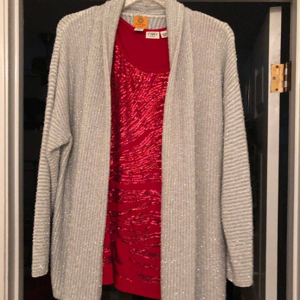 Silvery cardigan and red sequined top