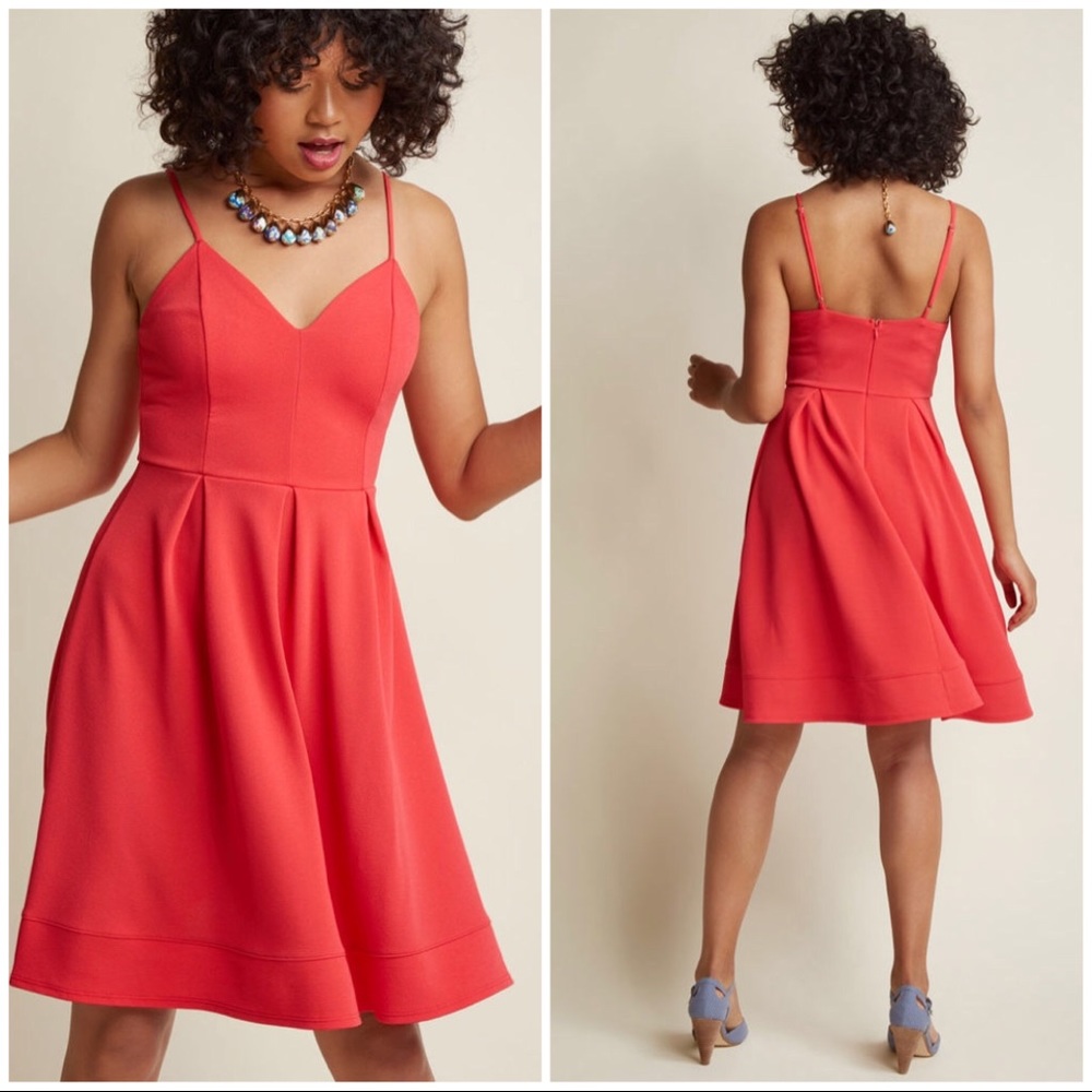 😘❤️ Flirty V-Neck Pleated A-Line Dress, Red Coral