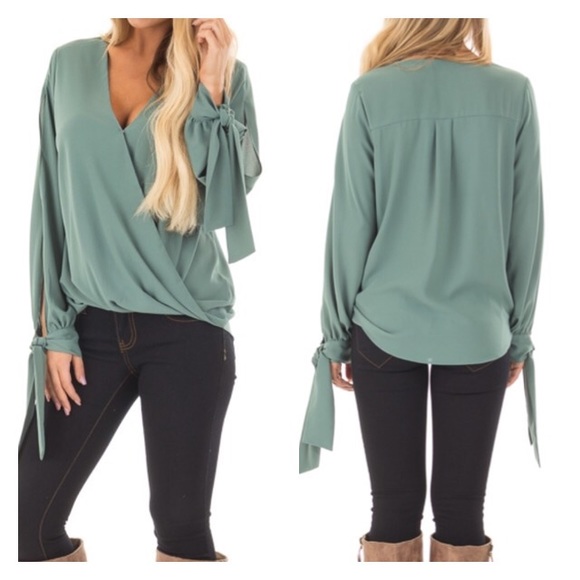 MOSS GREEN SURPLICE BLOUSE WITH TIE SLEEVE DETAILS - Picture 2 of 2