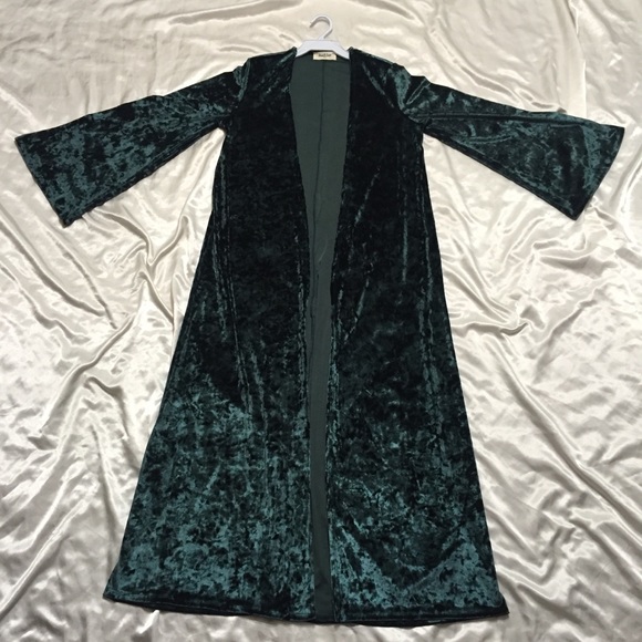 Green Velvet Velour Kimono Duster Maxi Cardigan - Picture 2 of 3
