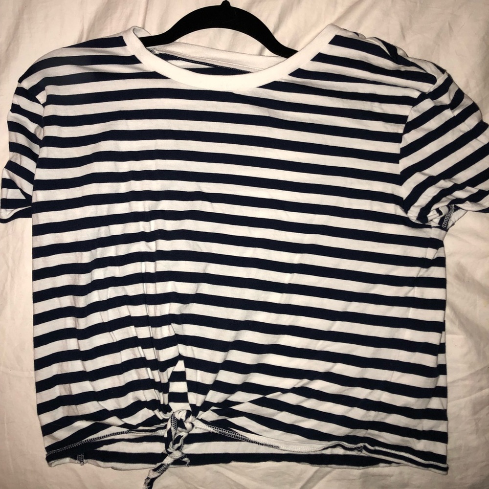 A blue and white striped t-shirt