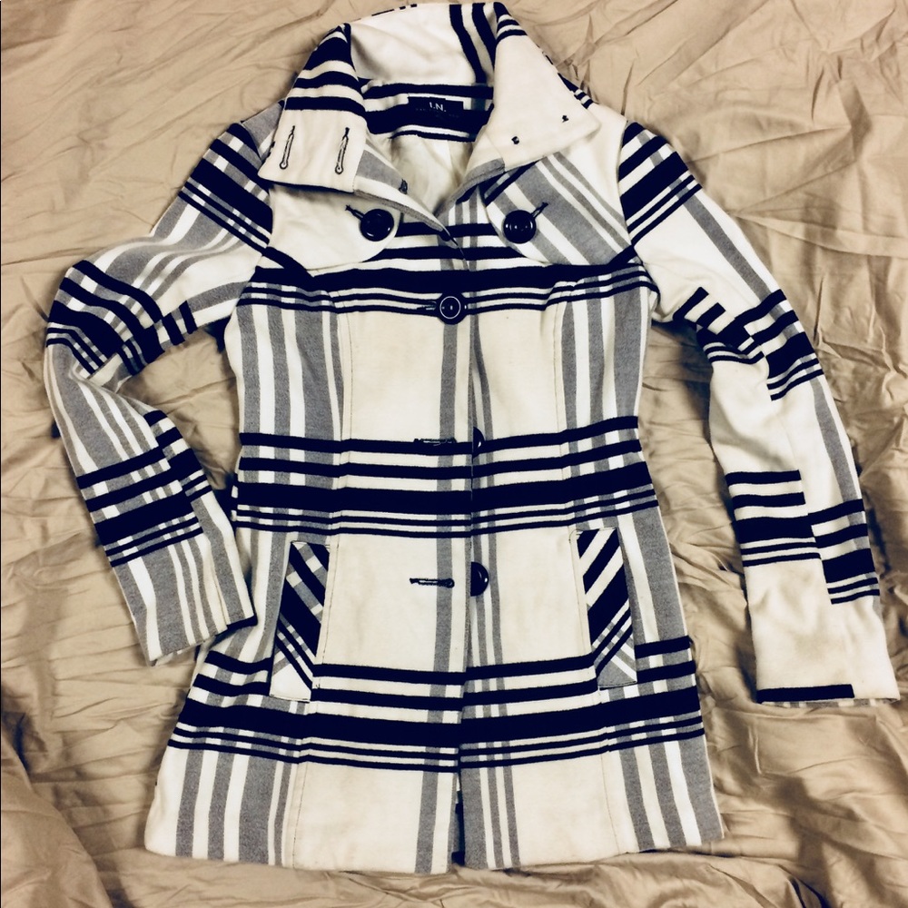 Plaid Black, White, and Gray Wool Dress Coat