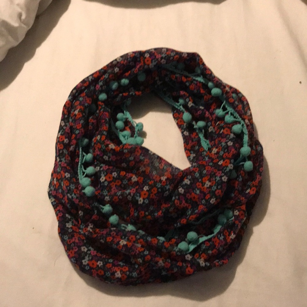 Floral infinity scarf with teal tassel