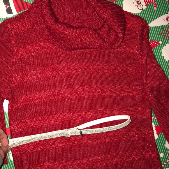 IZ BYER GIRL | RED SPARKLY TURTLENECK CHRISTMAS DRESS W\ BELT - Picture 2 of 6