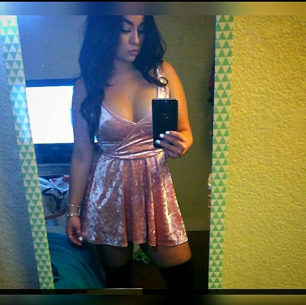 Rose pink, faux suede mini dress.