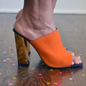 Zara Orange Suede Mules with Metallic Heel