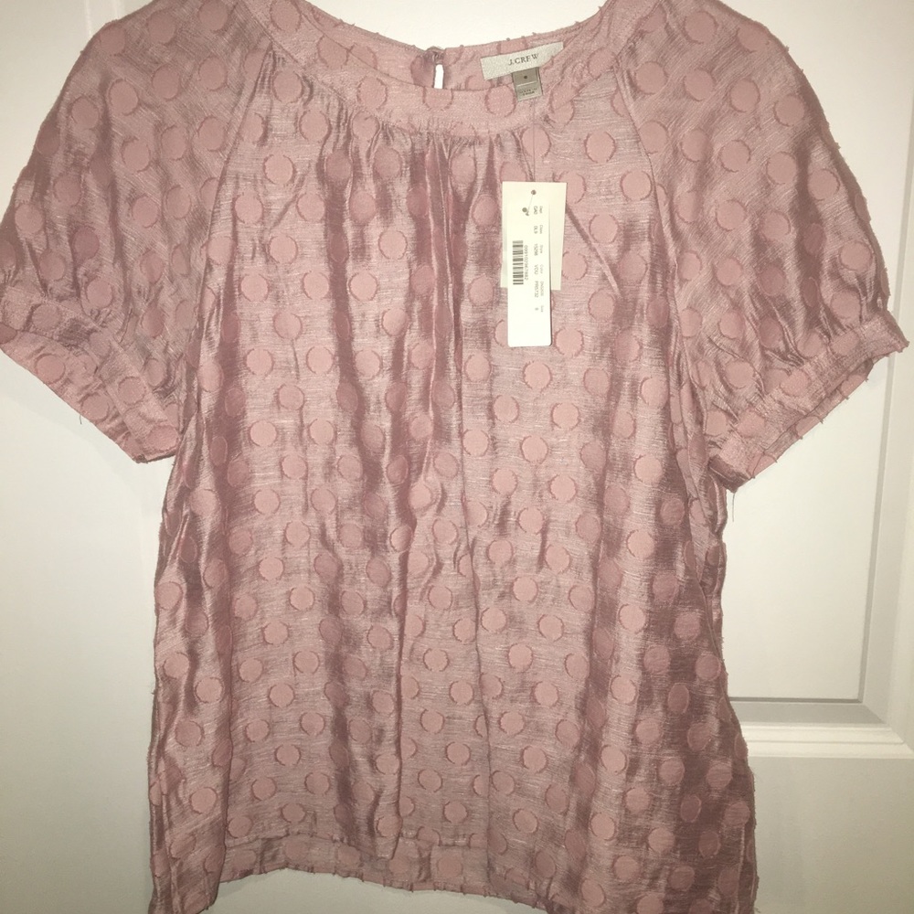 J Crew pink blouse with whimsical circle pattern
