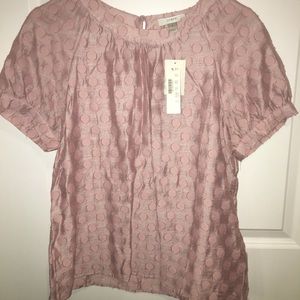 J Crew pink blouse with whimsical circle pattern