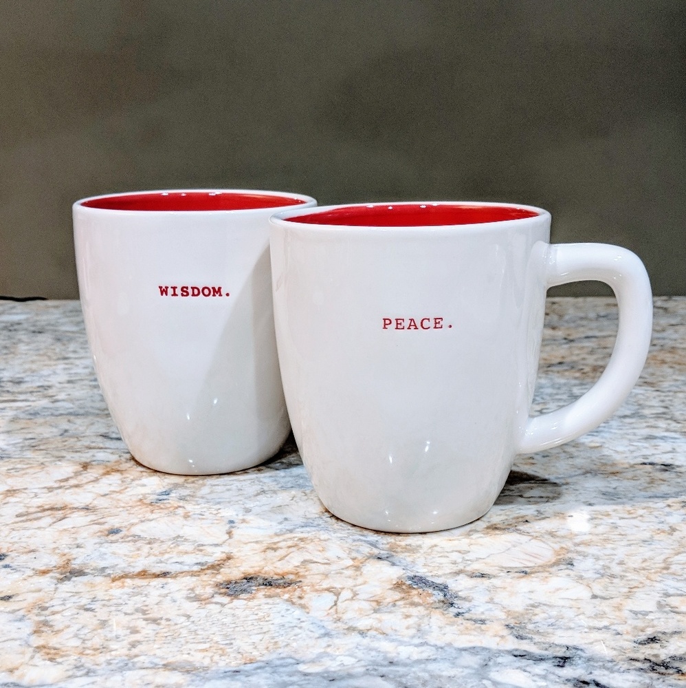 Rae Dunn Peace and Wisdom Mugs
