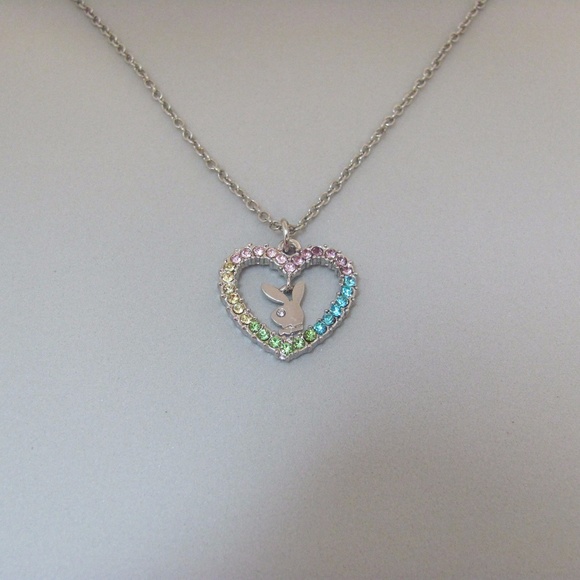 Playboy Necklace Crystal Rainbow Heart Bunny Charm - Picture 10 of 15
