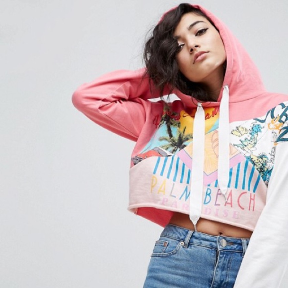 ASOS Crop Hoodie With Spliced Miami Surf Motif