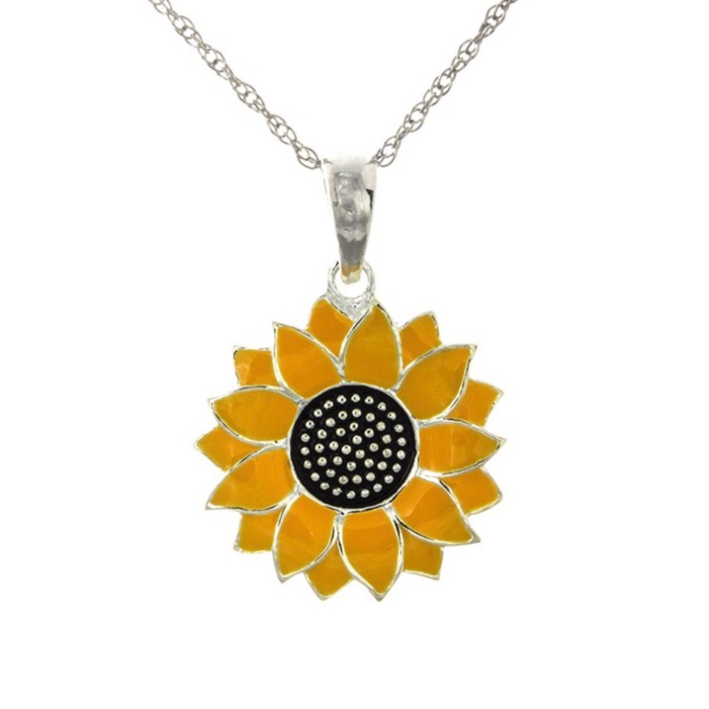 925 Sterling Silver Yellow Enamel Sunflower Charm Pendant Necklace w 18 in Chain - Picture 2 of 11