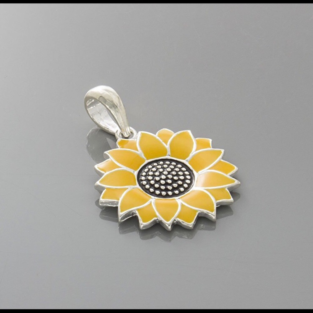 925 Sterling Silver Yellow Enamel Sunflower Charm Pendant Necklace w 18 in Chain - Picture 6 of 11