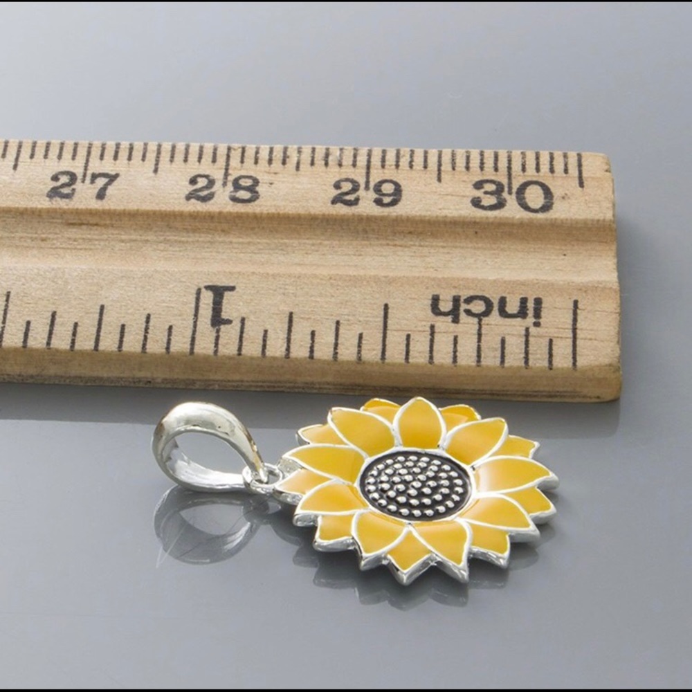 925 Sterling Silver Yellow Enamel Sunflower Charm Pendant Necklace w 18 in Chain - Picture 7 of 11