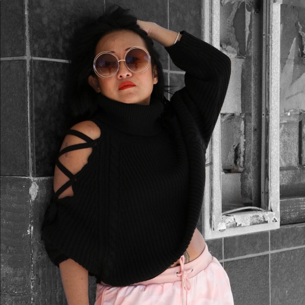 Black Turtleneck Sweater with Lace-Up Sleeves
