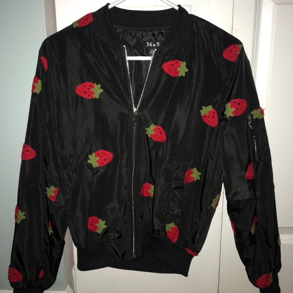 Black Bomber Jacket with Strawberries